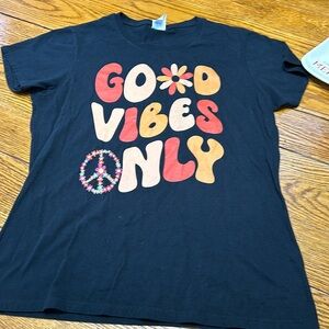 Port & Company black tee with Good Vibes Only print. Peace sign. Size Large